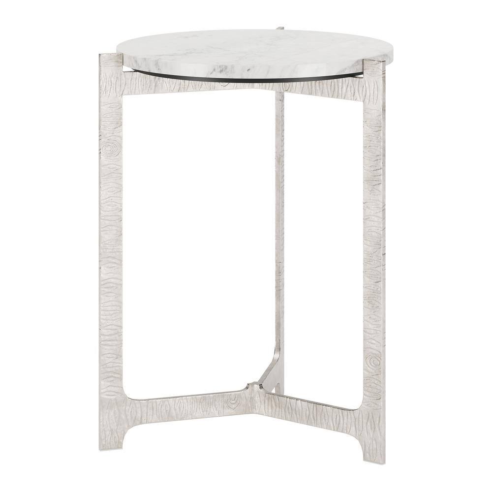 White Marble Top Round Side Table with Silver Cast Aluminum Base