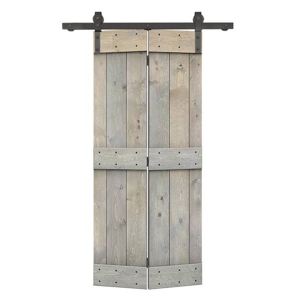 CALHOME 36 in. x 84 in. Mid-Bar Pre Assembled Smoke Gray Stained Wood Solid Core Bi-Fold Barn Door with Sliding Hardware Kit