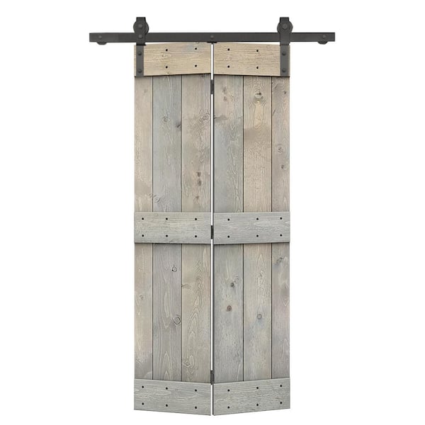 CALHOME 38 in. x 84 in. Mid-Bar Pre Assembled Smoke Gray Stained Wood Solid Core Bi-Fold Barn Door with Sliding Hardware Kit