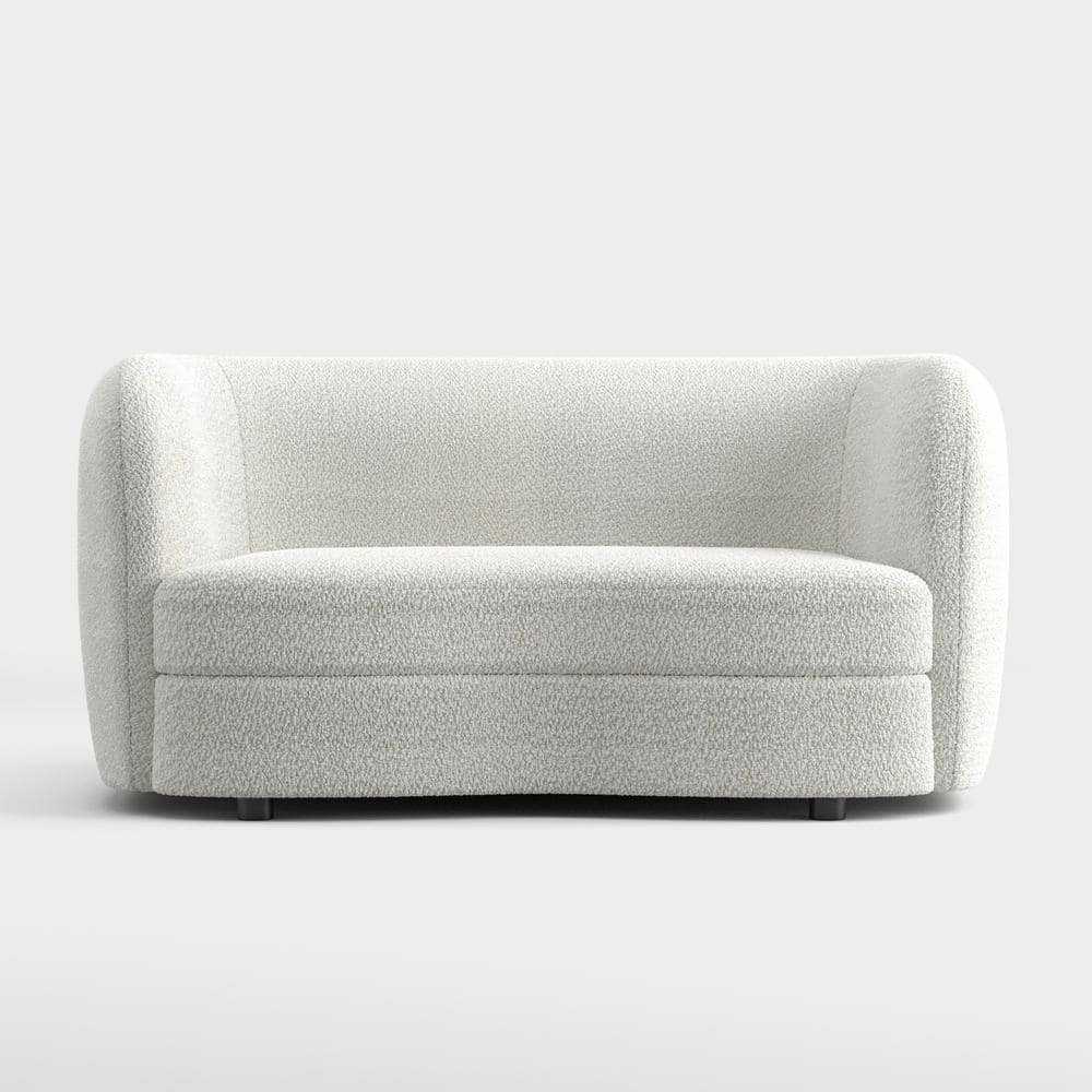 Off-White Boucle Fabric Curved Loveseat with Wooden Legs