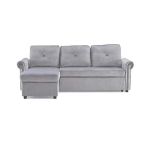 83.46 in Rolled Arm Velvet Modern 3-Seater L-Shaped with Nail-Head Design and Storage Sectional Sofa in Gray-1