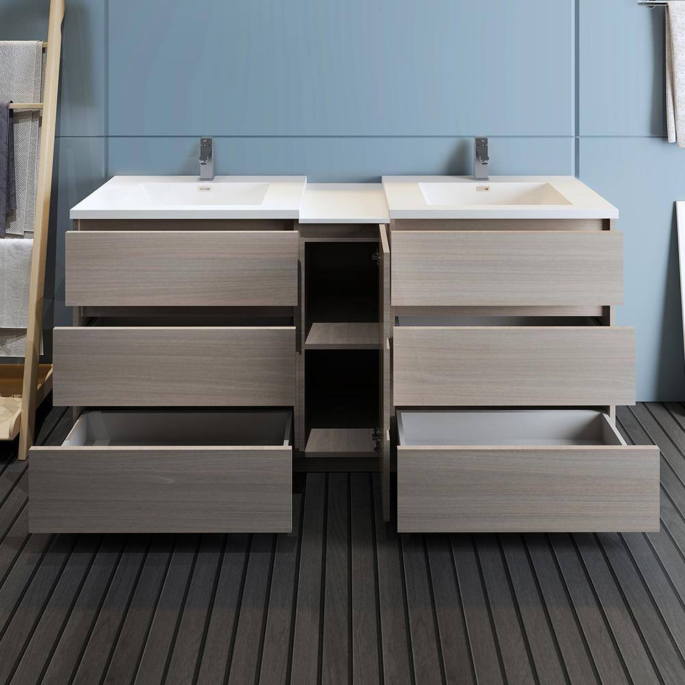 Transitional 72" Grey Double Sink Vanity with Acrylic Top