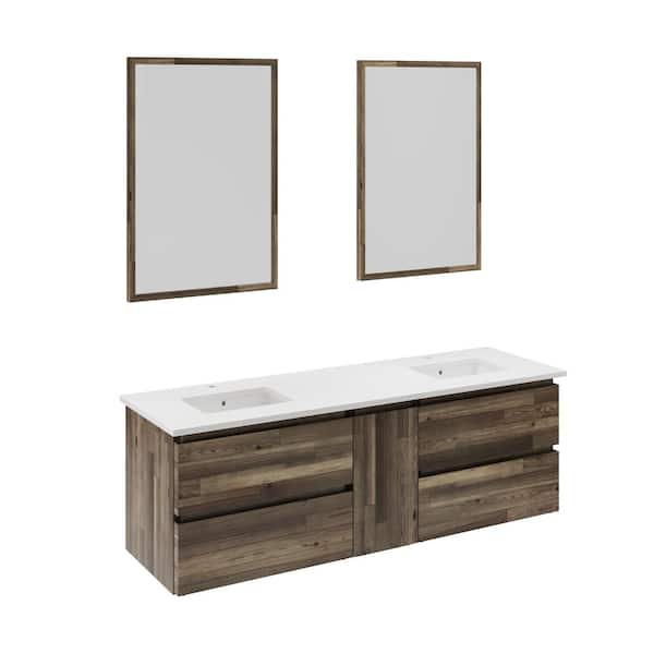 Fresca Formosa 60 in. Double Sink Wall Mount Floating Acacia Bath Vanity with White Quartz Top, Ceramic Sinks and Mirrors