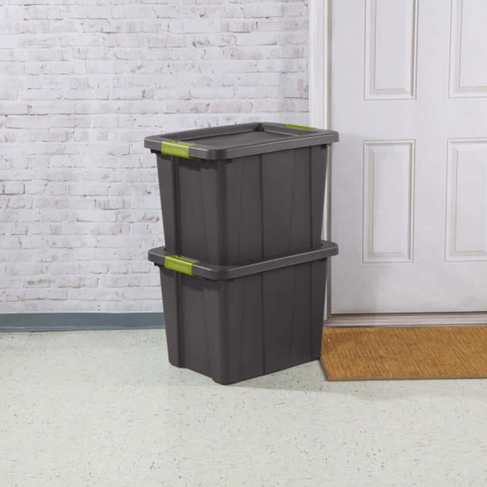 Tuff1 30-Gallon Stackable Black Plastic Storage Tote with Green Latches