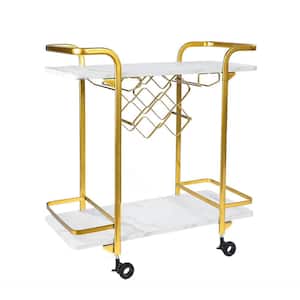 Gold and Marble White Wood Kitchen Cart with Glass Holders and Wine Racks - 31.5 in. W x 15 in. D x 31.4 in. H