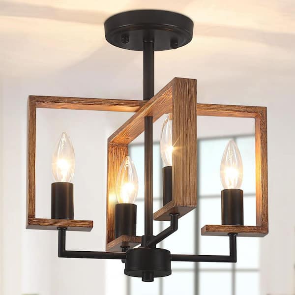 ZSMIHDOH 12.59 in. 4-Light Black and Brown Dimmable Modern Industrial Geometric Metal Semi Flush Mount Ceiling Light