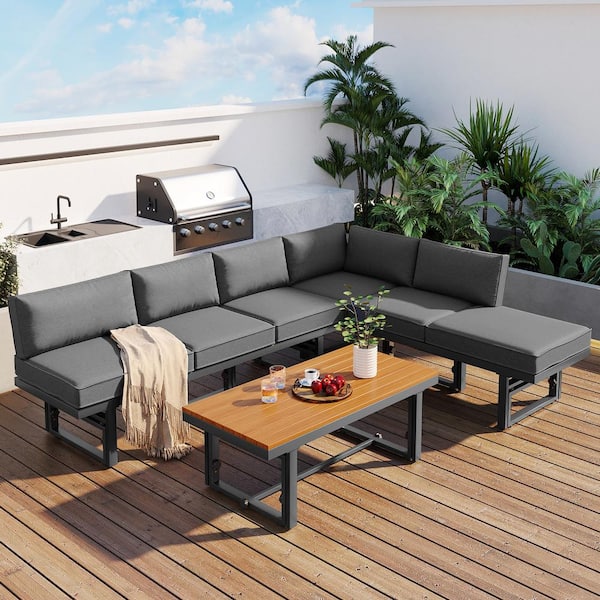 Unbranded Modern 7-Piece Multi-Functional Metal Outdoor Patio Conversation Set with Dark Grey Cushions and Coffee Table