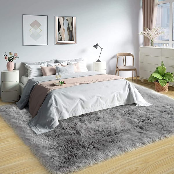 Sheepskin Faux Furry Grey 8 ft. x 10 ft. Cozy Rugs Area Rug