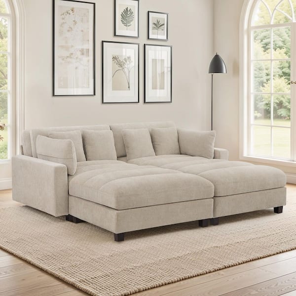 OrangeOne Panner 89 in. Square Arm Chenille 4-Piece Upholstered Rectangle Sectional Sofa in Light Camel with 2-Moveable Ottoman
