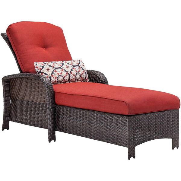 Hanover Strathmere All-Weather Wicker Patio Chaise Lounge with Crimson Red Cushion