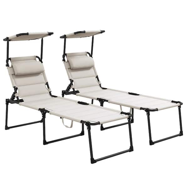 Unbranded Outdoor Adjustable Backrest Folding Chaise Lounge Chair with Sunshade Roof and Pillow Headrest in Cream White Set of 2