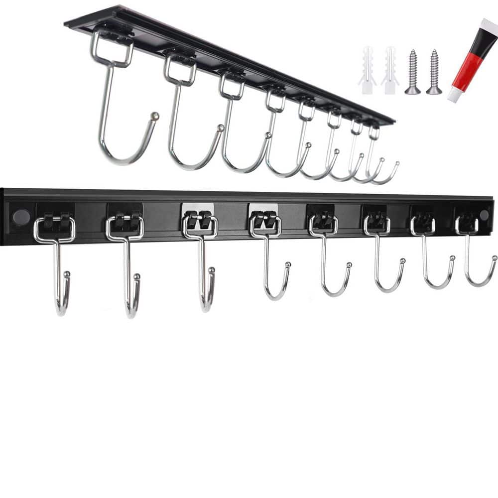 2-Pack 17 in. Black Aluminum Hanging Utensil Racks with 8 Hooks for Kitchen, Multifunctional, Wall Mounted
