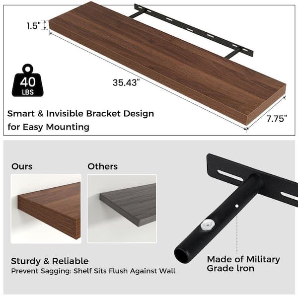 35.4 in. W x 7.8 in. D Walnut Floating Decorative Wall Shelf Set