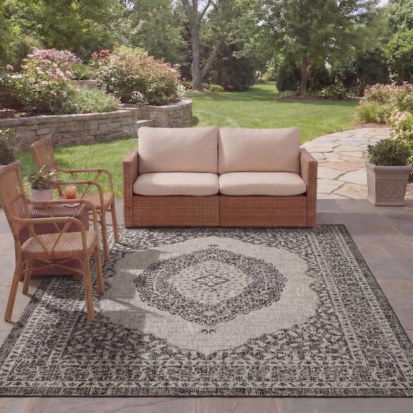 Courtyard Light Gray/Black 8 ft. x 11 ft. Border Indoor/Outdoor Patio  Area Rug