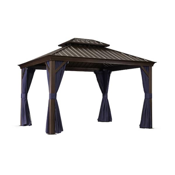 PURPLE LEAF 12 ft. x 14 ft. Gray Aluminum Hardtop Gazebo Canopy with Netting and Curtains