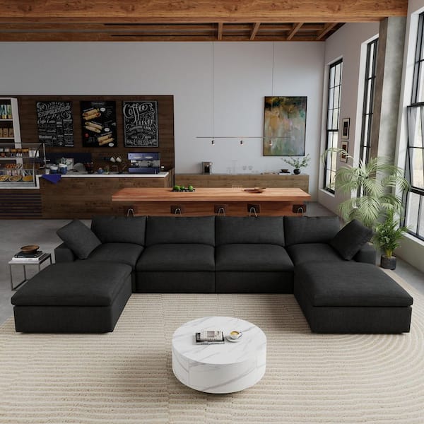 6-Piece 157.32 in. Square Arm Linen Modular Down-Filled Deep Seat Sofa with Storage Ottoman in Black