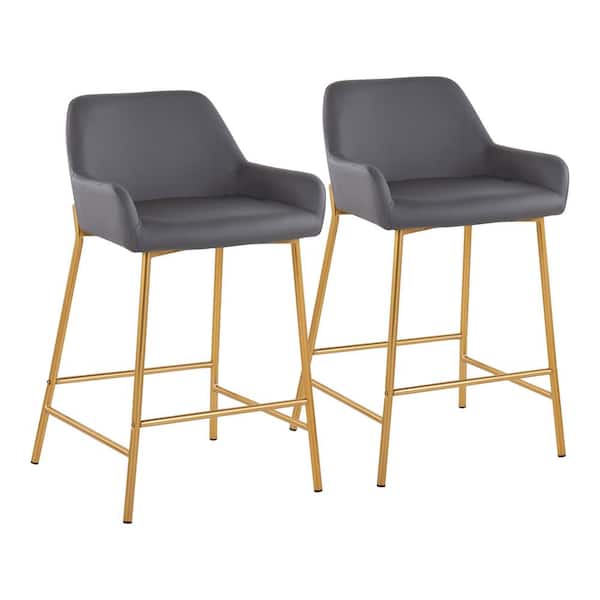 Lumisource Daniella 33 in. Fixed-Height Grey Faux Leather and Gold Steel Counter Height Bar Stool (Set of 2)