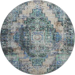 Mayfield Premium Machine Washable Abstract AMF2139 Green 8 ft. x 8 ft. Round Rug