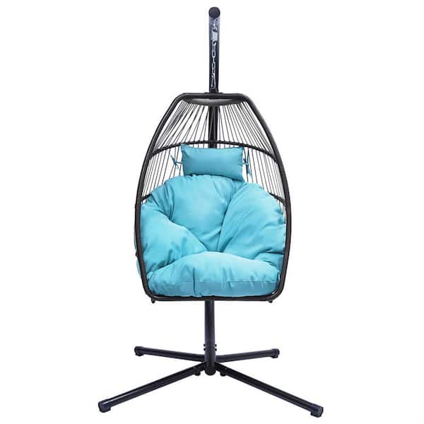 Afoxsos 45 in. 1-Person Black Wicker Patio Hanging Swing Hammock Egg Chair with Blue Cushion Pillow and C Type Bracket