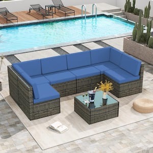 7-Piece Rattan 6-Person Wicker Outdoor Sectional Seating Group with Blue Cushions and Glass Table, Patio Furniture Sets