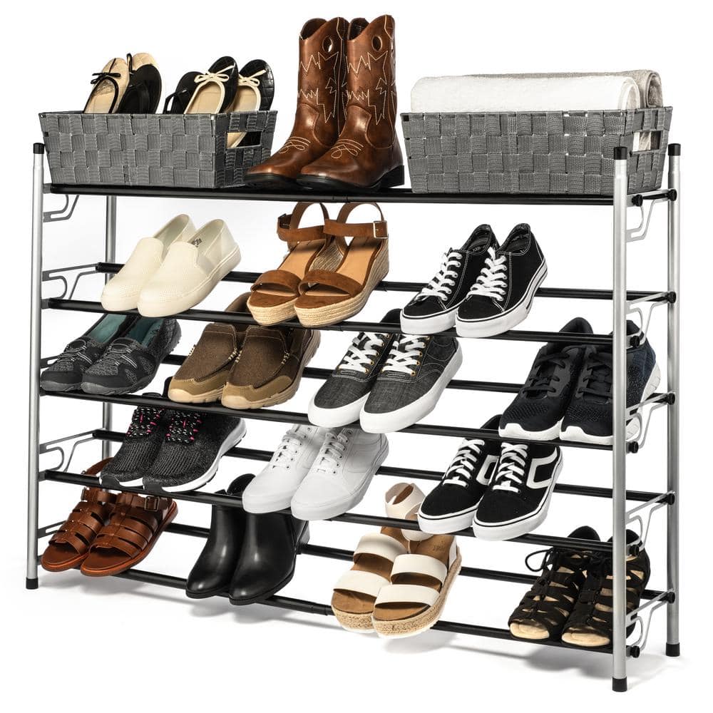 Expandable 5-Tier Silver Metal Shoe Rack