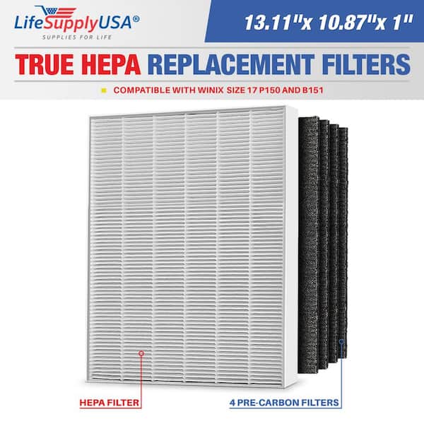 LifeSupplyUSA 1-True HEPA Air Cleaner Replacement Filter plus 4-Carbon Filters Complete Set Compatible with Winix Size 17