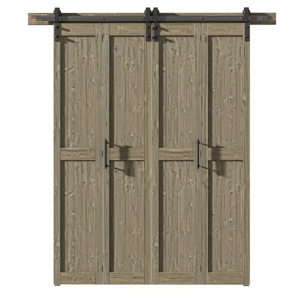 SANDING Assembled 60 in. x 84 in. Solid Core Aged Barrel Pine Wood Bi-Fold Door With Hardware Kit