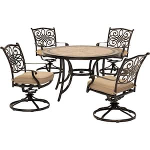 Monaco 5-Piece Round Patio Dining Set with Four Swivel Rockers and Natural Oat Cushions
