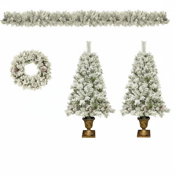 4 ft. Green and White Vinyl 4-Piece Artificial Snowy Flocked Christmas Tree with LED Light