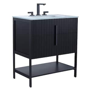30 in. W x 18 in. D x 33.5 in. H Bath Vanity in Black Matte with Glass Vanity Top in White With Black Hardware