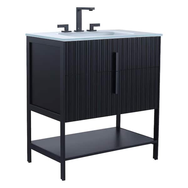 FINE FIXTURES 30 in. W x 18 in. D x 33.5 in. H Bath Vanity in Black Matte with Glass Vanity Top in White With Black Hardware