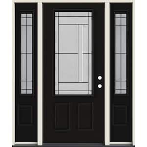 60 in. x 80 in. Left-Hand/Inswing 3/4 Lite Atherton Decorative Glass Black Steel Prehung Front Door with Sidelites