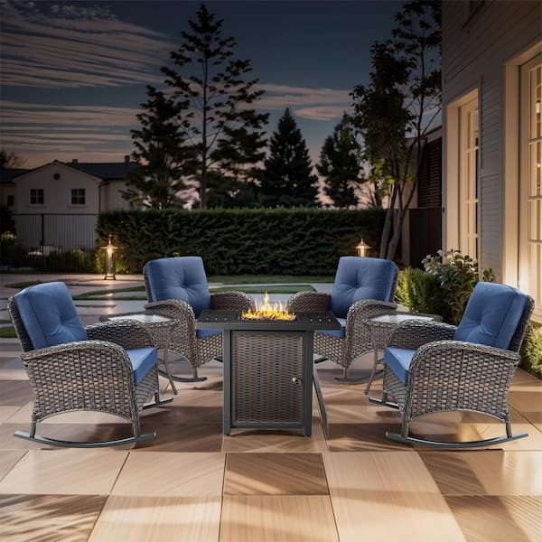 Carlos 7-Piece Wicker Patio Rectangle Fire Pit Conversation Set with Blue Cushions, Swivel Chairs and Side Table