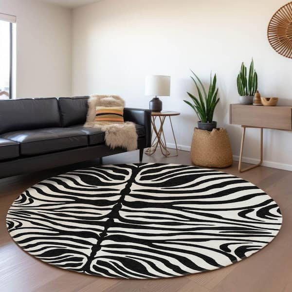 Mayfield Premium Machine Washable Abstract AMF1042 Black 8 ft. x 8 ft. Round Rug