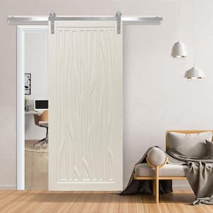 30 in. x 84 in. Howl at the Moon Off White Wood Sliding Barn Door with Hardware Kit in Black