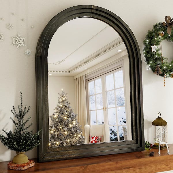 XRAMFY 30 in. W x 40 in. H Arched Classic Black Wooden Framed Bathroom Vanity Mirror Wall Mirror