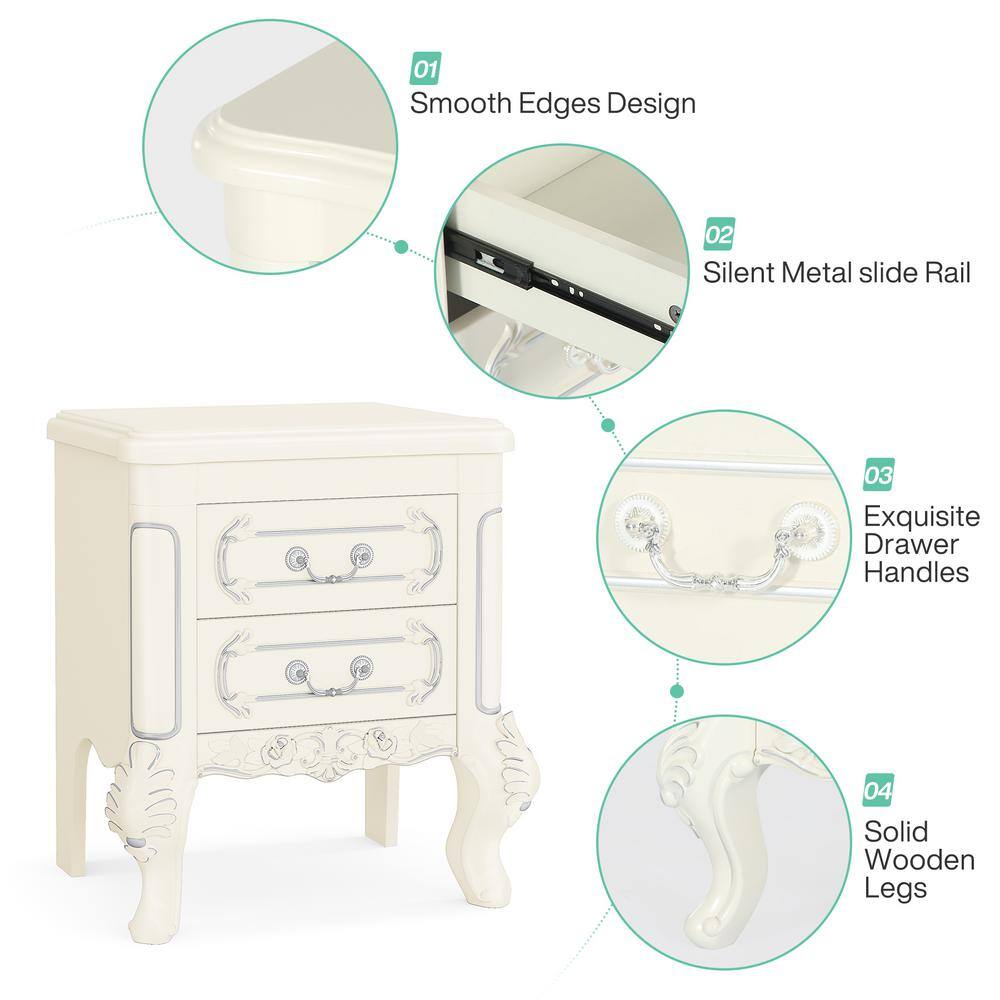Cream White Carved Wood Nightstand with Silver Accents and 2 Drawers