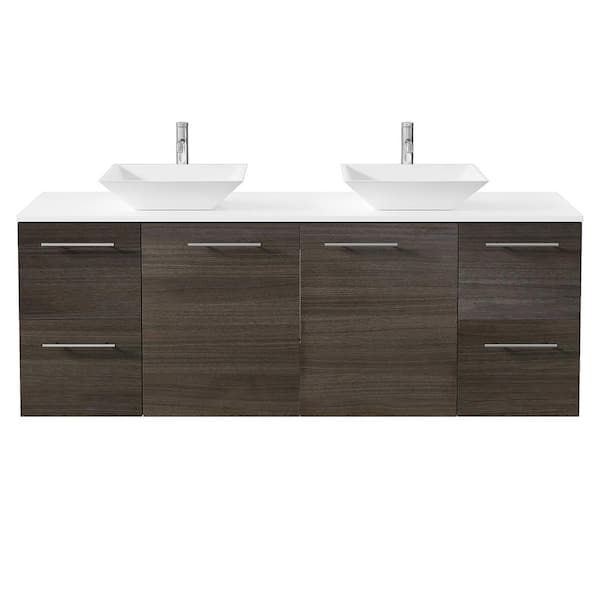 Luxurious 60 in. W x 22 in. D x 26 in. H Floating Bath Vanity in Gray Oak with White Tempered Glass Top