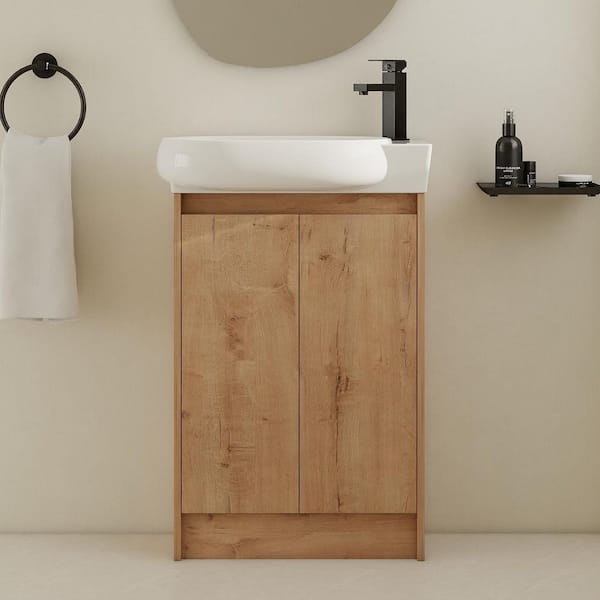 23 in. Single Sink Freestanding Oak Bath Vanity with White Ceramic Top (Assembled), 2 Soft Closing Door