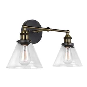 Indie 19 in. 2-Lights Brushed Black and Antique Brass Industrial Bathroom Vanity Light