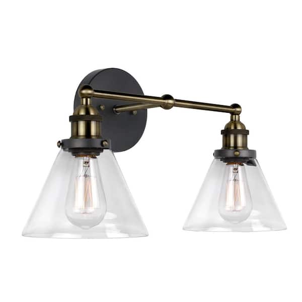 Kira Home Indie 19 in. 2-Lights Brushed Black and Antique Brass Industrial Bathroom Vanity Light