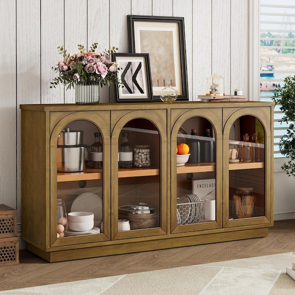 Harper & Bright Designs Old Pine Wood 57.7 in. Buffet with 4-Glass Doors and Adjustable Shelves