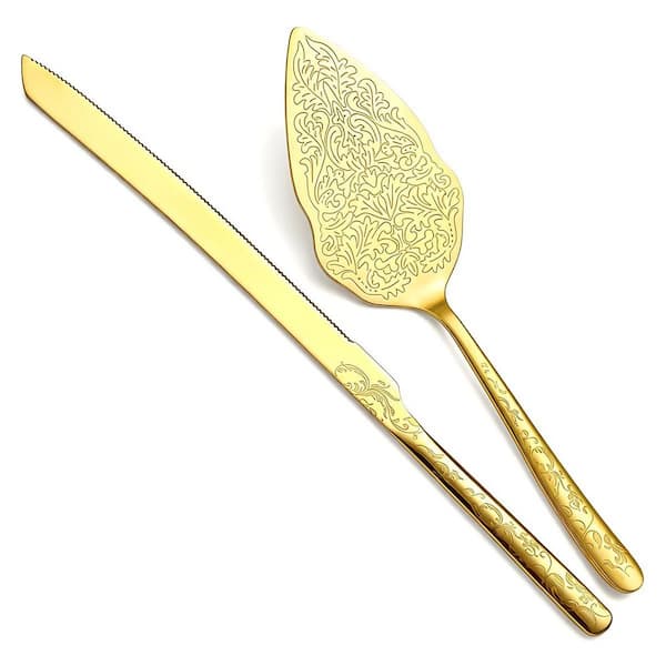 2-Piece Gold Titanium-Plated Stainless Steel Engraved Wedding Cake Knife and Server Set for Celebrations