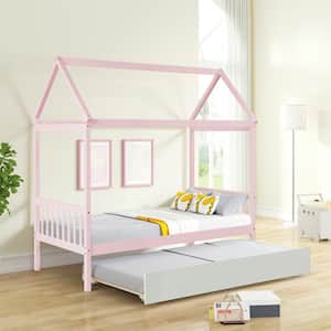 Funny Playhouse Series Pink Twin Size House Bed Wood Bed Frame with Roof, Wood Slat Support and Trundle for Kids