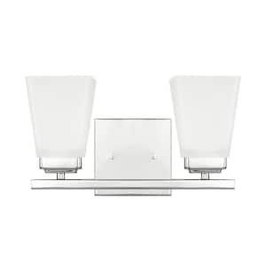 13 in. W x 7 in. H x 7 in. E 2-Light Vanity Light in Polished Nickel with Soft White Glass Shade