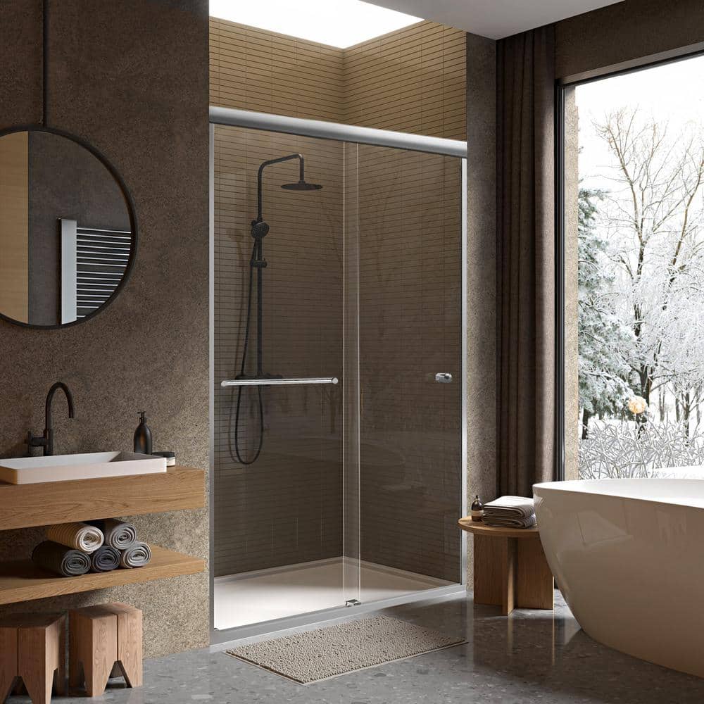60" Chrome Semi-Frameless Double Sliding Shower Door with Clear Glass