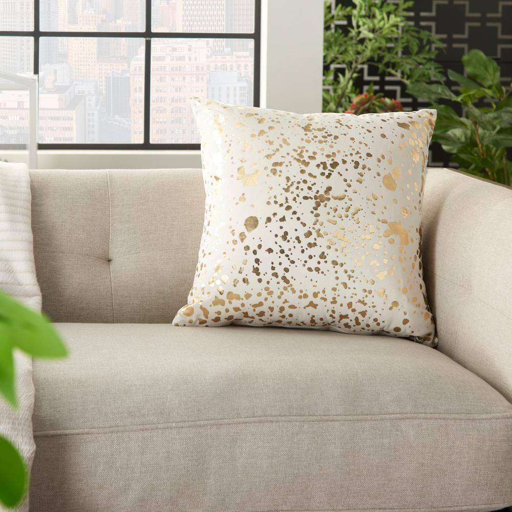 Ivory and Gold Embroidered Square Throw Pillow 18" x 18"