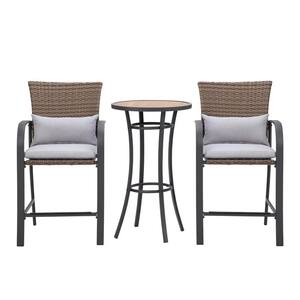 3-Piece Metal Outdoor Dining Set Patio Bar Sets Bistro Dining Set Pub Table Bar Stools with Gray Cushions