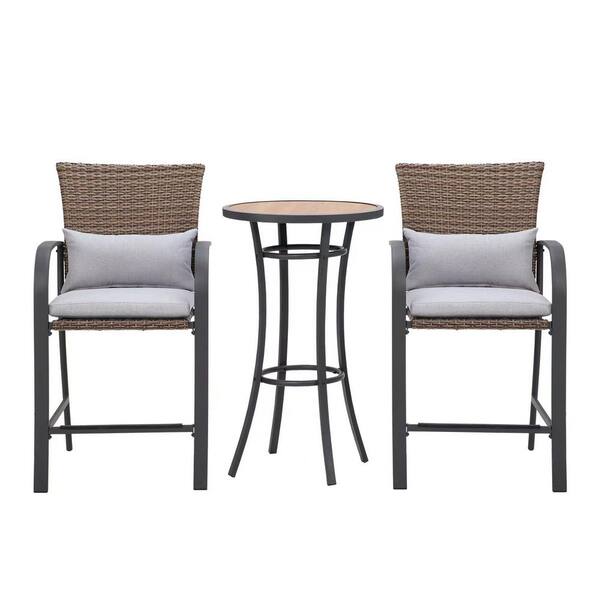 Unbranded 3-Piece Metal Outdoor Dining Set Patio Bar Sets Bistro Dining Set Pub Table Bar Stools with Gray Cushions