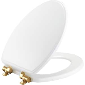 Weston Elongated Soft Close Enameled Wood Closed Front Toilet Seat in White Never Loosens Brushed Gold Metal Hinge